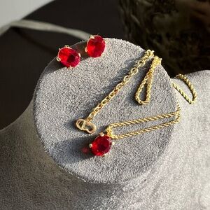 Vintage Christian Dior Oval Red Rhinestone 14k Gold Post Earrings Necklace Set